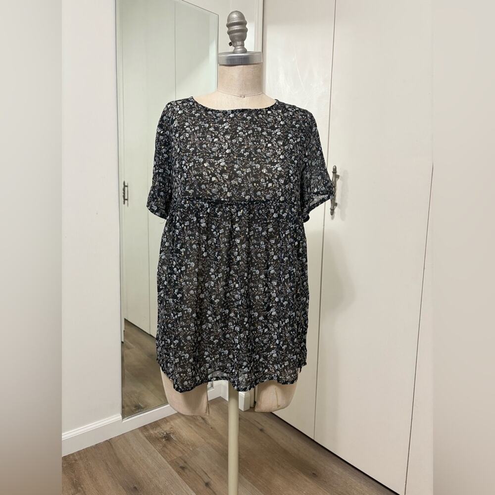 COZY Casual Woman’s Black Floral Sheer Babydoll Tunic Top – Size M